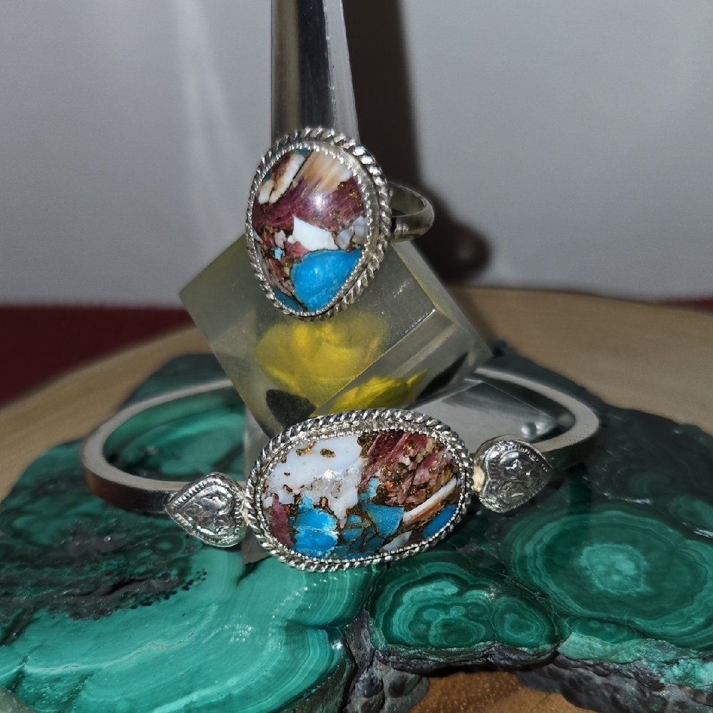Ornate Sterling Silver Bracelet  and Ring Set with Composite Turquoise